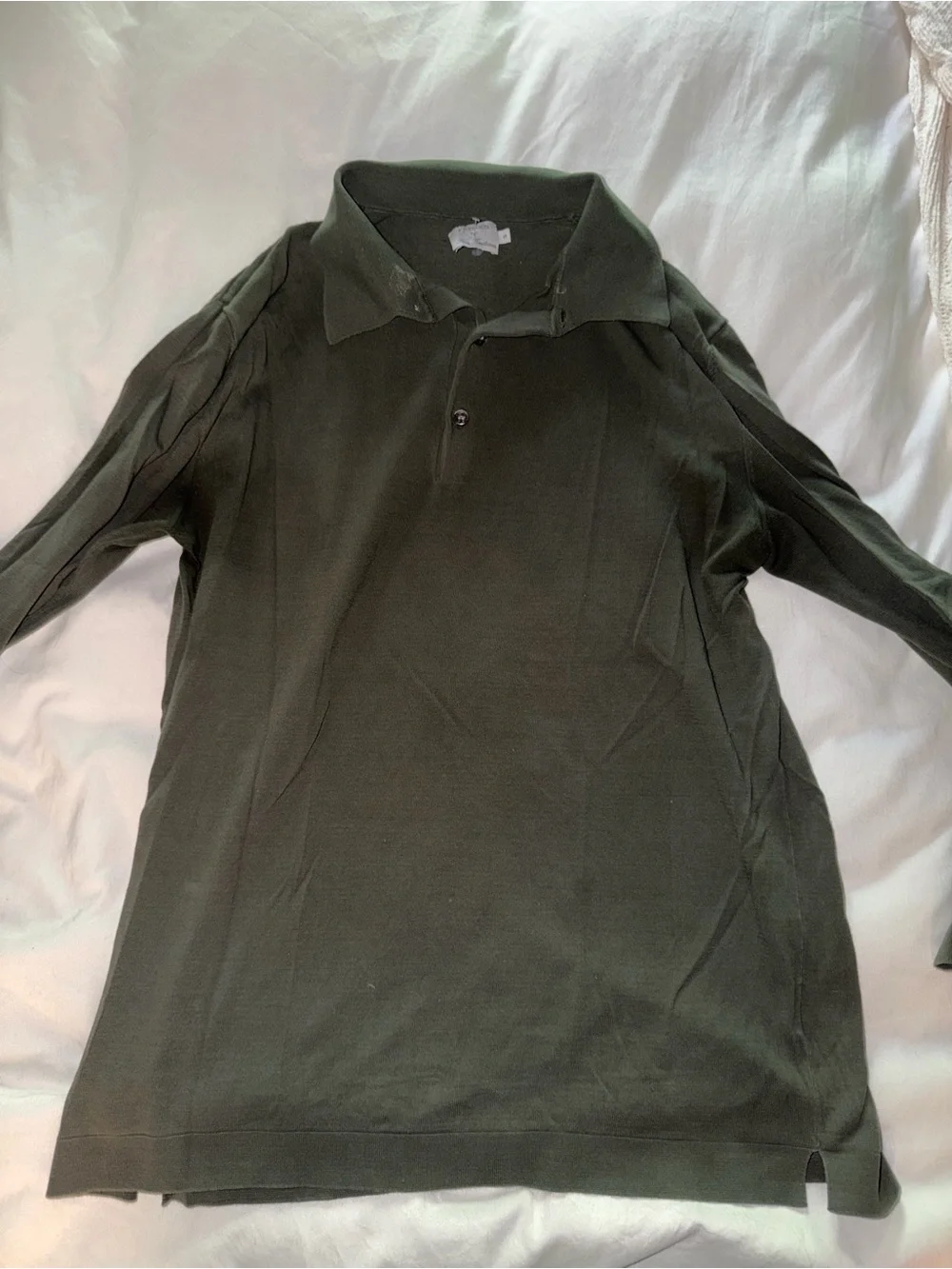 P.J. Johnson Fine Knitwear polo, size Small, in an olive/army green.